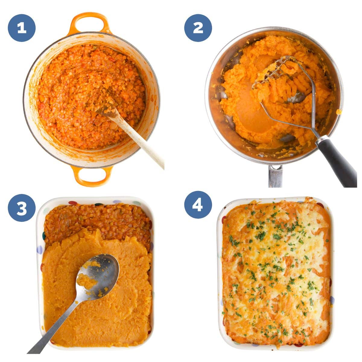 Collage of 4 Images Showing How to Make Lentil Cottage Pie. 1)Lentil Mixture in Pot 2)Sweet Potato Mashed in Pot 3) Sweet Potato Added to Lentil Base in Baking Dish 4)Lentil Pie Baked.