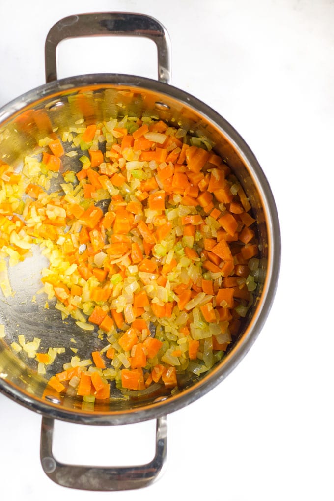 Sautéed Onion, Celery and Carrot in Large Pan