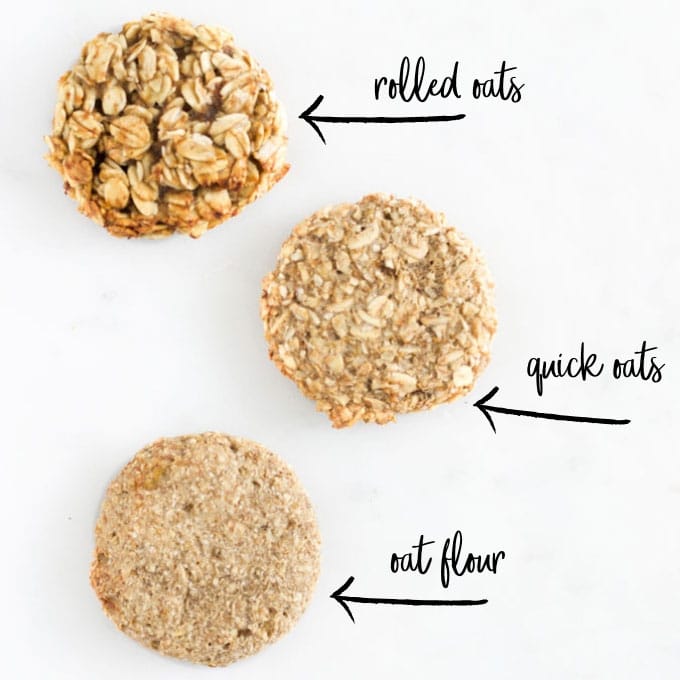 3 Banana Oat Cookies - 1) Made with Rolled Oats 2) Quick Oats and 3) Oat Flour