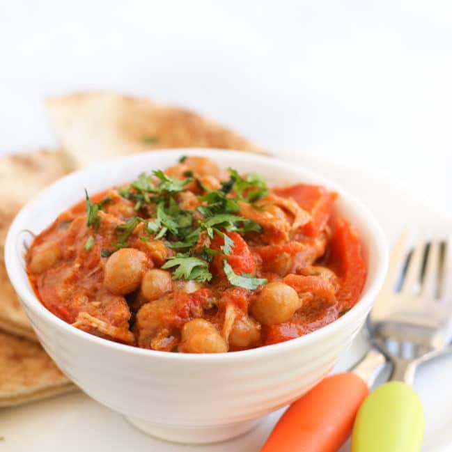 Chicken Chickpea Stew Served in Bowl with Pita Bread