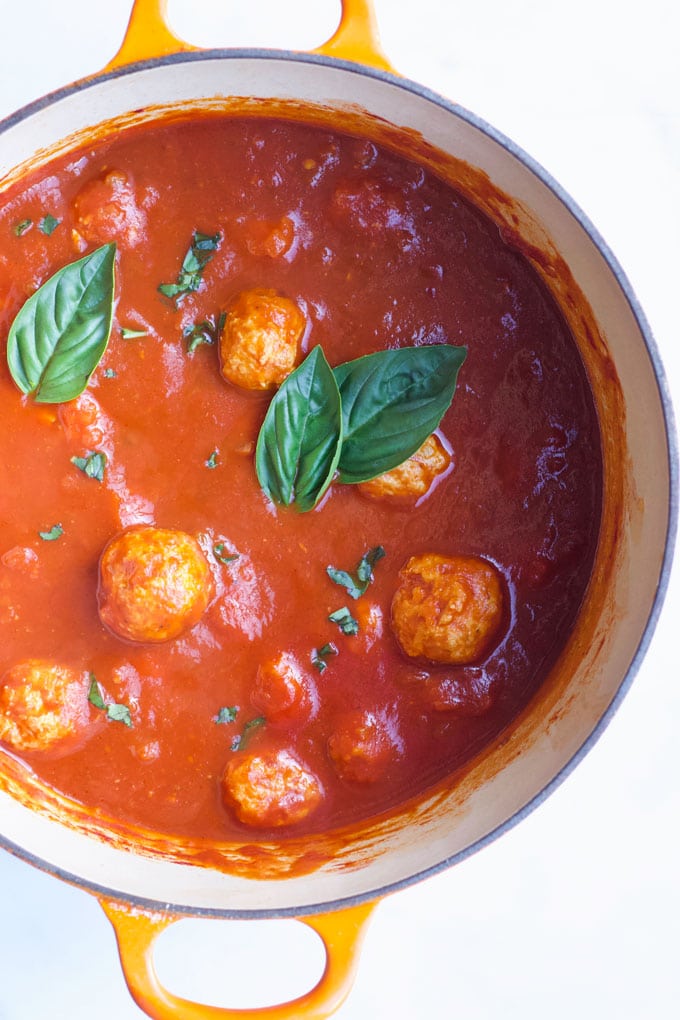 Turkey Meatballs in Pan with Tomato Sauce