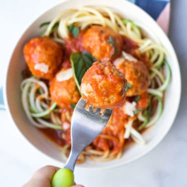 Turkey Meatballs in Bowl with Spaghetti and Tomato Sauce