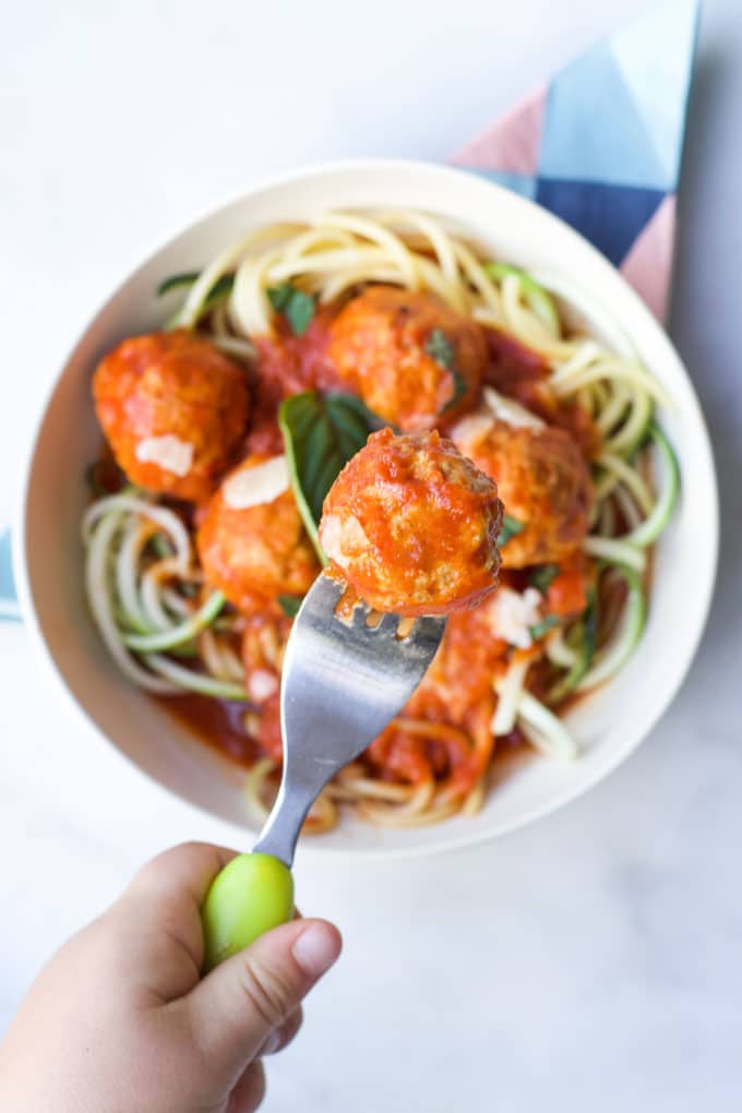 Turkey Meatballs in Bowl with Spaghetti and Tomato Sauce.
