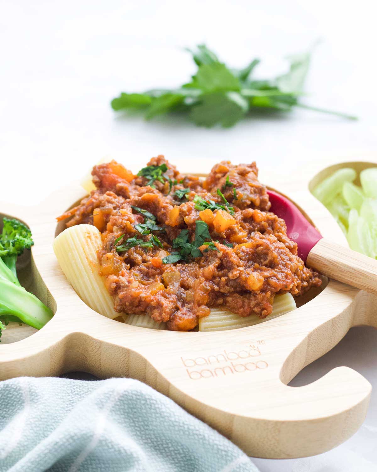 Pasta topped with Bolognese on Baby Plate