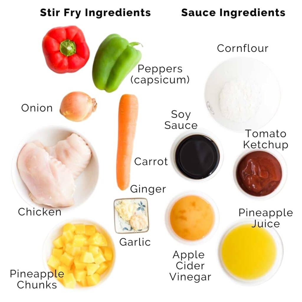 Flat Lay Shot of Ingredients Needed to Make Healthy Sweet and Sour Chicken