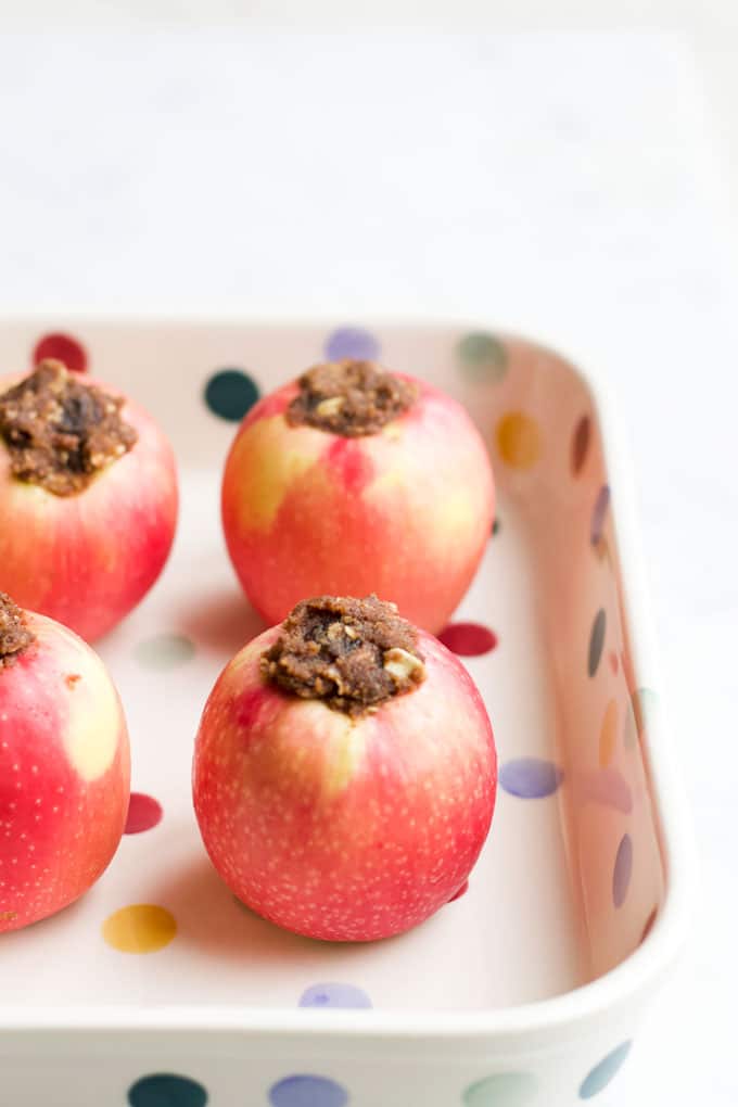 Filled Apples in Baking Dish Before Baking