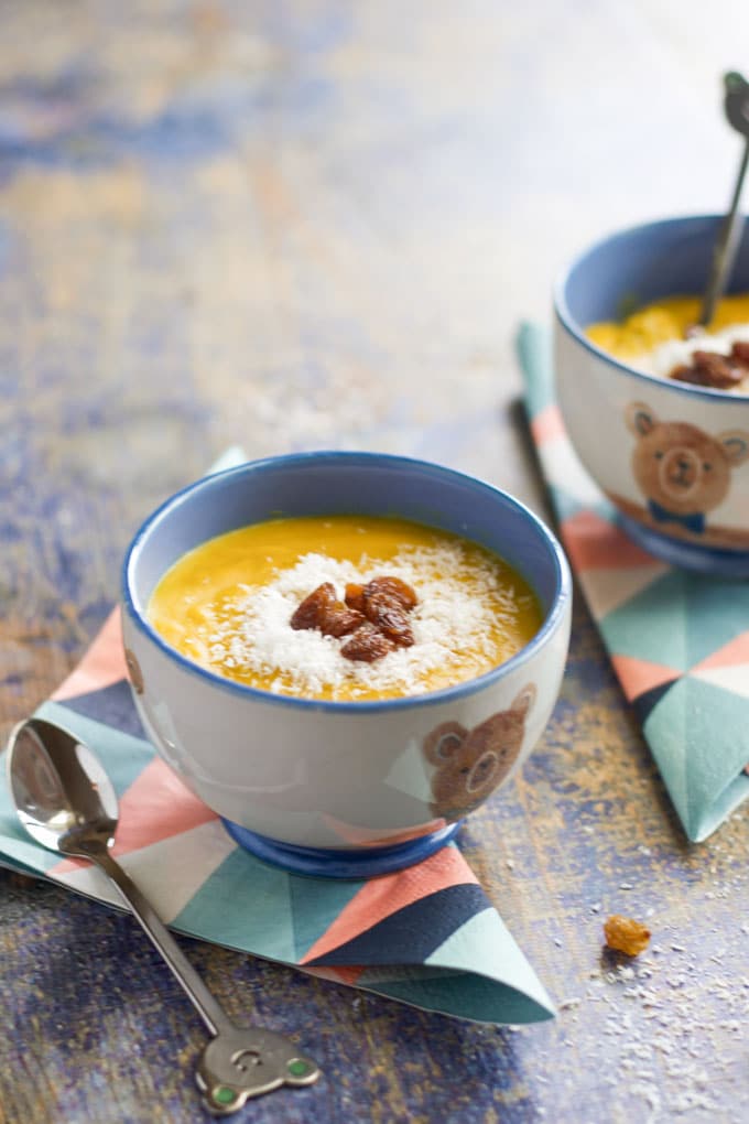 curried lentil and coconut soup. A deliciously spiced soup with sweet toppings to complement the spices. A fun and delicious soup for kids.