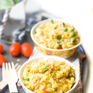Vegetable risotto in kids bowls
