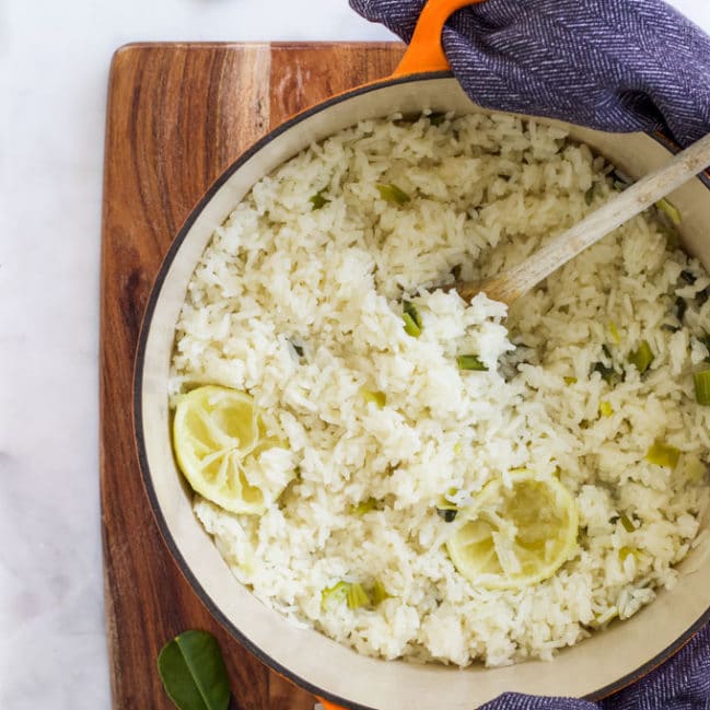Top Down View of Coconut Rice with Lime in Pot