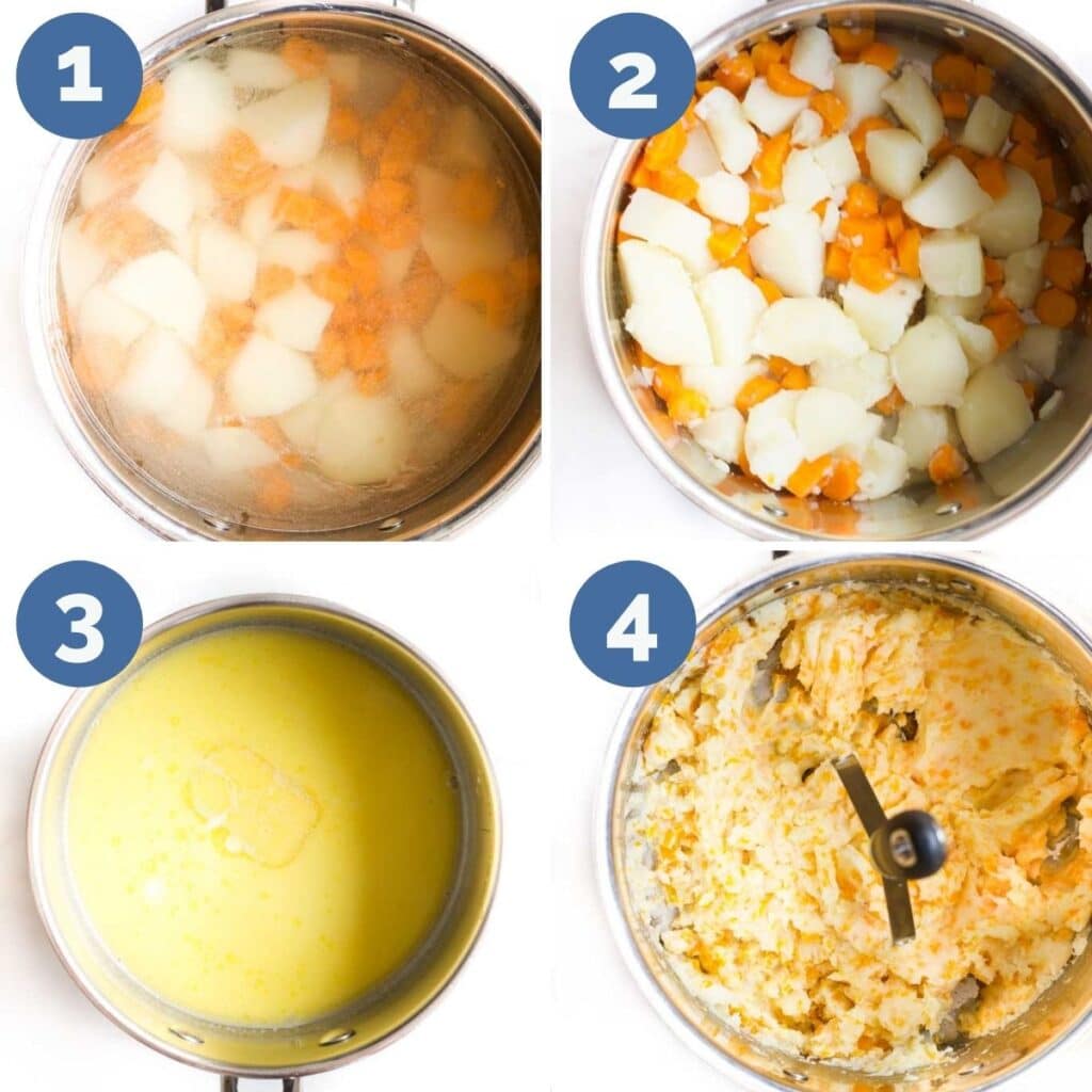 Collage of 4 Images Showing Process Steps for Potato and Carrot Mash