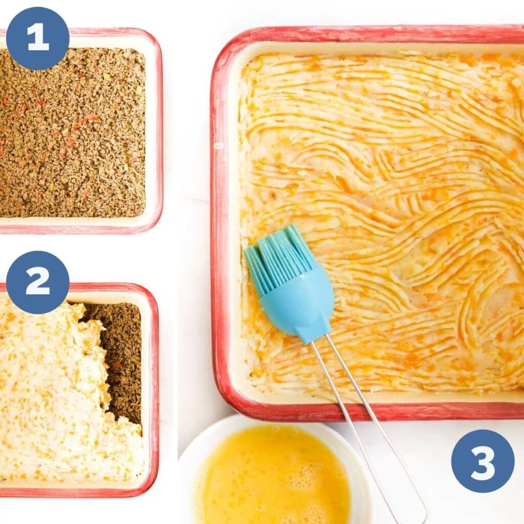 Collage of 3 Images Showing How to Assemble Cottage Pie