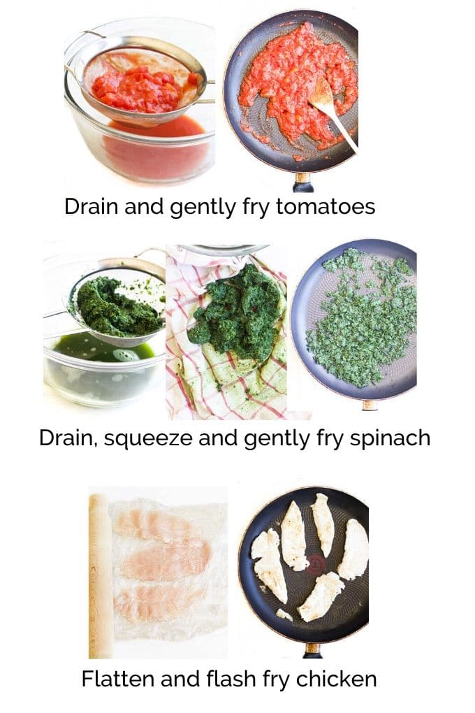 How to Make Chicken Florentine (Process Steps for Tomato, Spinach & Chicken Layers)