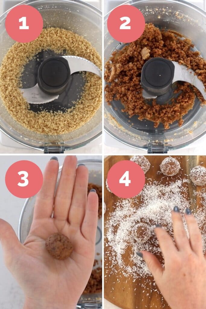 Collage of 4 Images Showing How to Make Nut Balls. 1) Walnuts processes in food processor 2) Dates and Nut butter added and processed 3)Mixture rolled into a ball 4)Rolling ball in coconut
