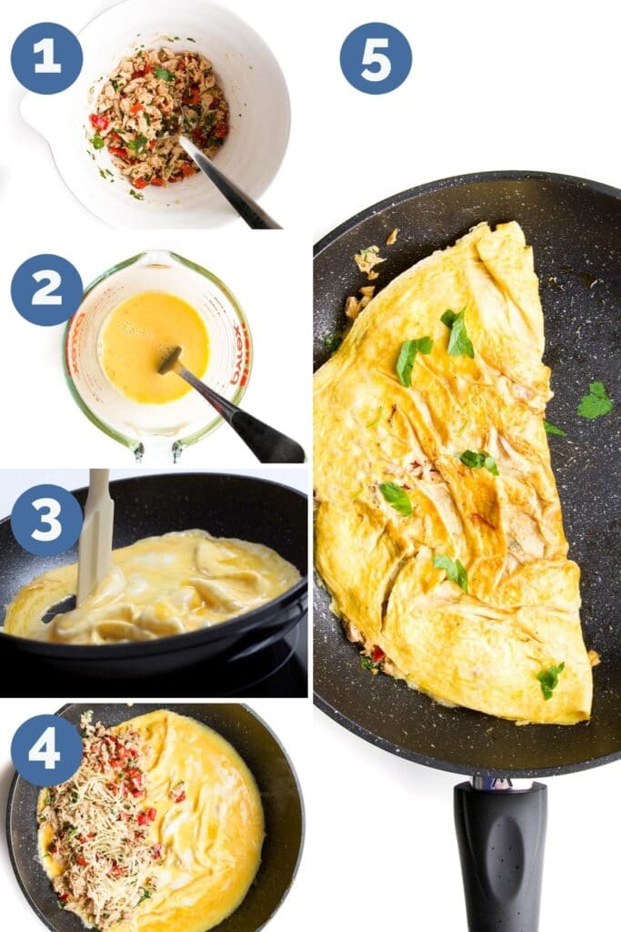Collage of 5 Images Showing Process Shots to Make a Tuna Omelette 1 Tuna Filling Mixed in Bowl 2 Egg Mixture in Bowl 3 Egg Mixture in Pan 4 Tuna Filling on One Side Of Omelette 5 Tuna Omelette Fully Cooked in Pan