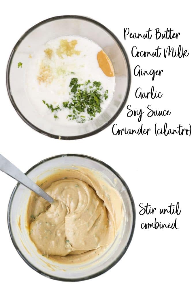 Satay Sauce Ingredients in Bowl Before and After Mixing.