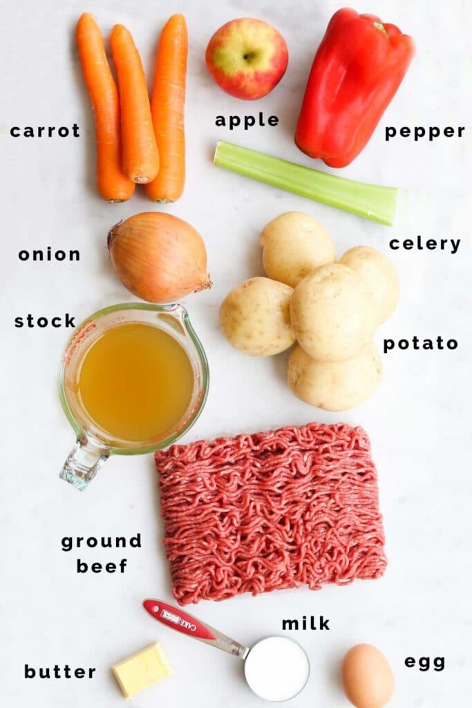 Flat Lay of Cottage Pie Ingredients Labelled