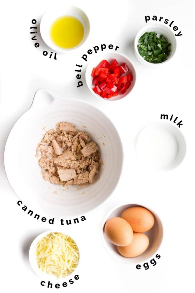 Flat Lay of Ingredients Needed to Make Tuna Omelette (labelled)