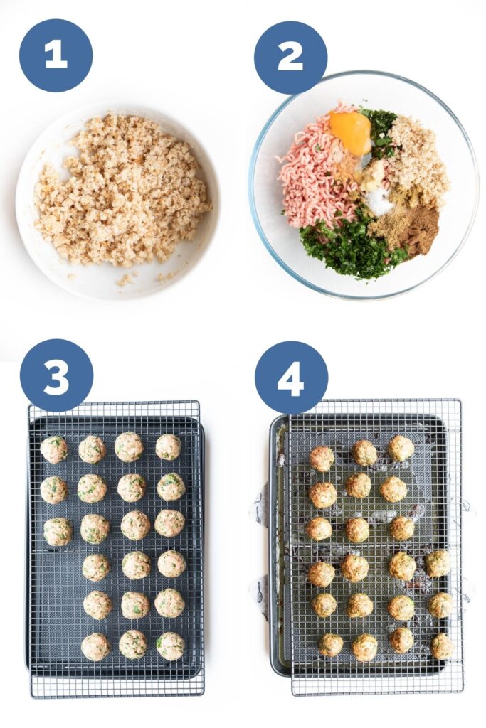 Collage of 4 Images Showing How to Make Spice Meatballs 1) Soaking Breadcrumbs in Milk 2) All Ingredients in Mixing Bowl 3)Raw Meatballs on Tray 4)Cooked Meatballs on Tray