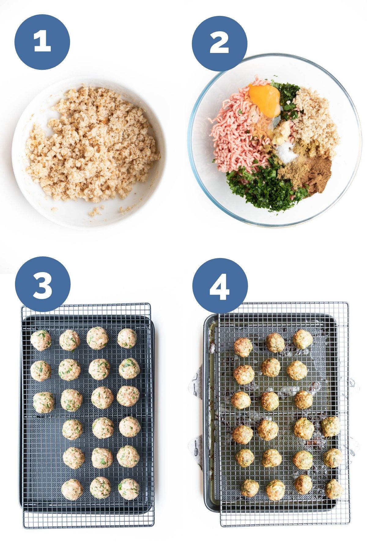 Collage of 4 Images Showing How to Make Spice Meatballs 1) Soaking Breadcrumbs in Milk 2) All Ingredients in Mixing Bowl 3)Raw Meatballs on Tray 4)Cooked Meatballs on Tray.