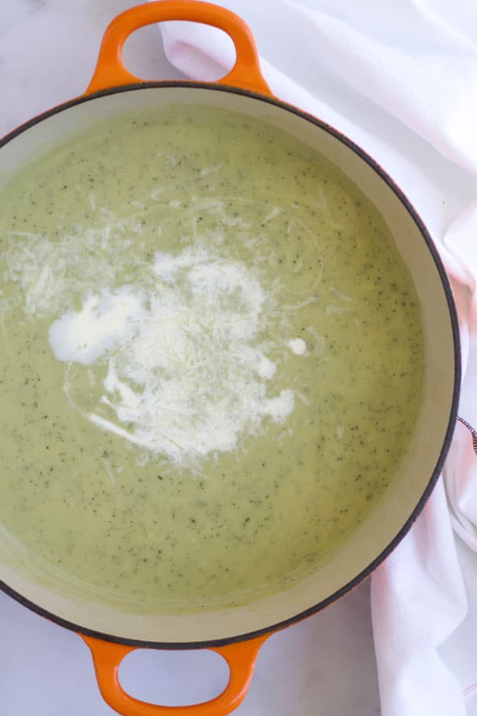 Courgette Soup (zucchini soup) in Pan topped with Cream