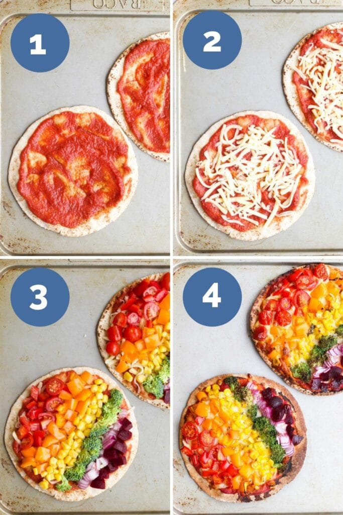 Collage of 4 Images Showing How to Make Pita Pizzas. 1) Add pizza sauce to pita bread 2) Add grated cheese 3) Add vegetables 4) Pizza Cooked