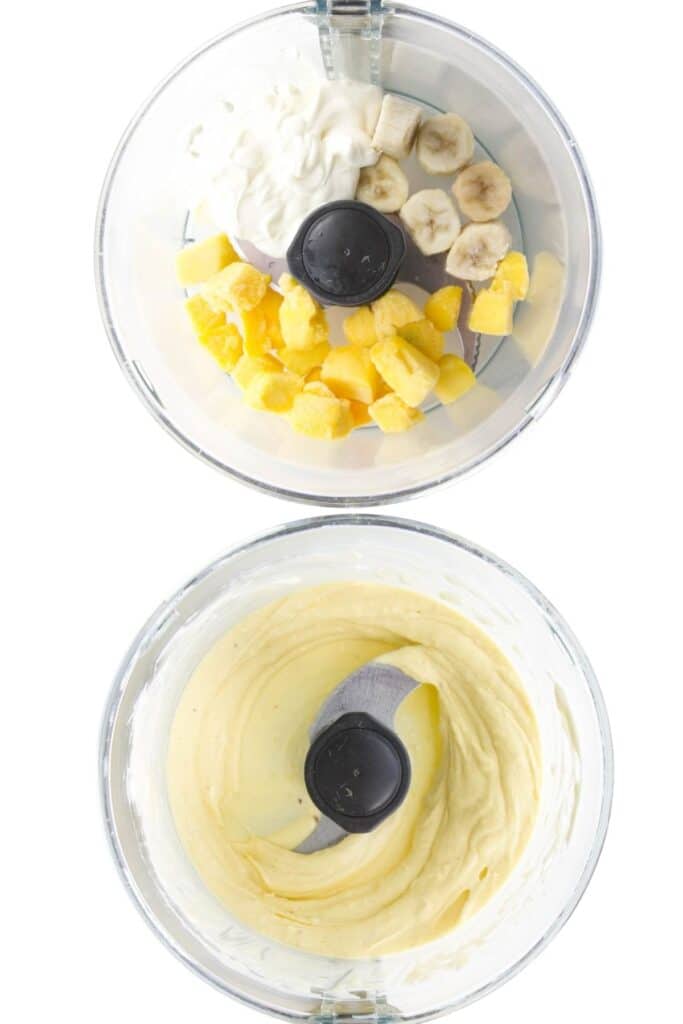 Two Food Processor Shots. 1) Frozen Mango, Frozen Banana and Yogurt in Food Processor Before Blending and 2) After Blending