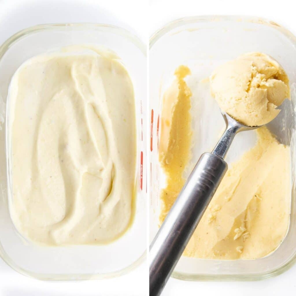 Two Images Side By Side 1) Frozen Mango Yogurt in Glass Container Before Freezing 2) After Freening with Ice Cream Scoop Removing Scoop