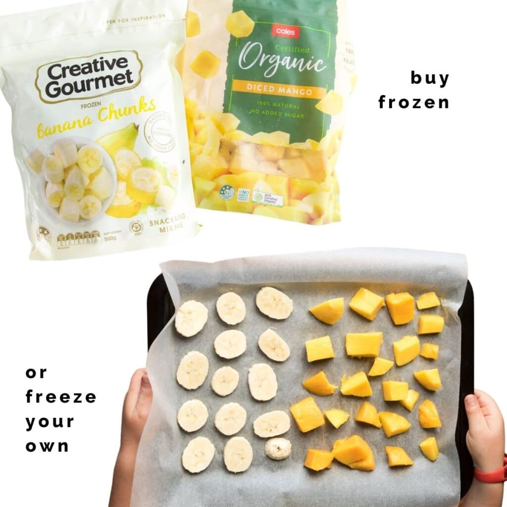 Bags of Frozen Mango and Banana and a Tray of Frozen Banana and Mango 