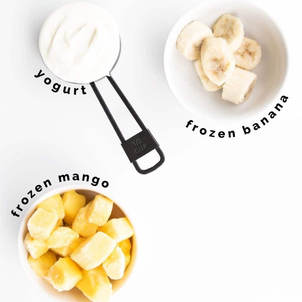 Top Down Shot of Ingredients Needed to Make Frozen Mango Yogurt (Labelled)