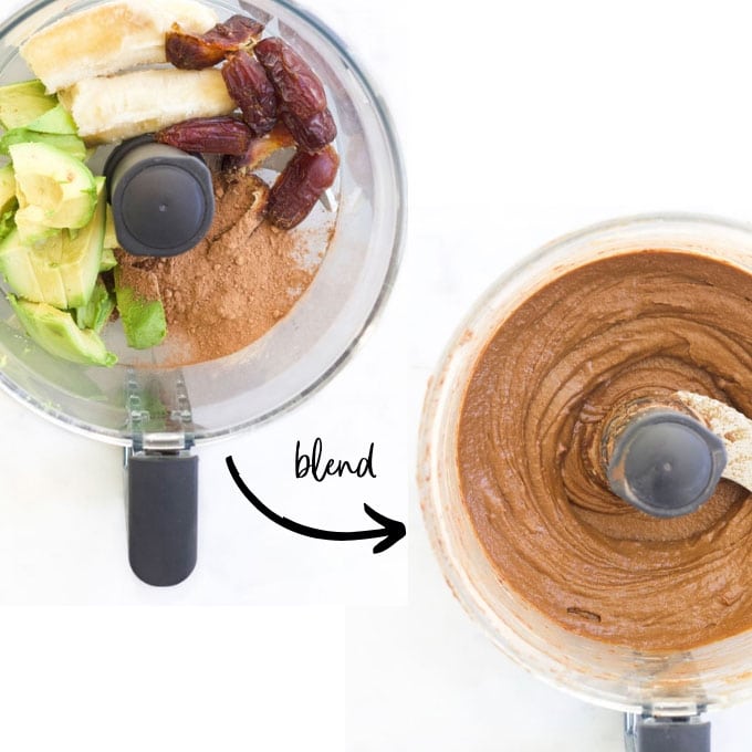 Ingredients for Chocolate Avocado Mousse in Food Processor Before and After Blending