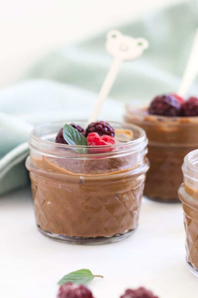 Side View of Chocolate Avocado Mousse in Glass Jar