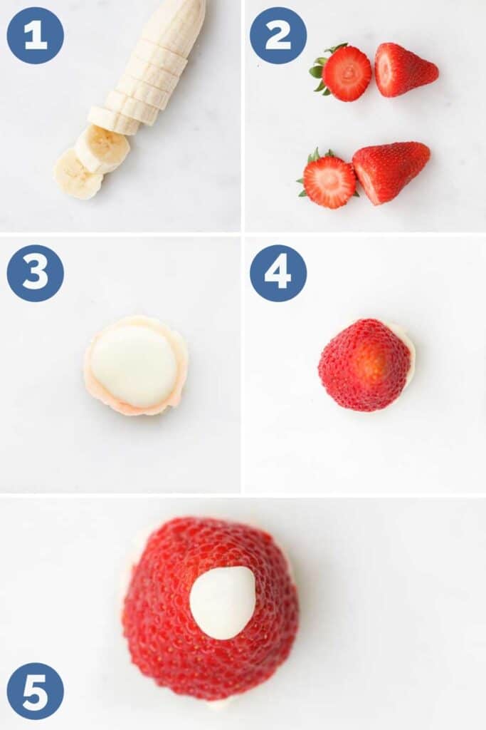 Collage of 5 Images Showing How to Assemble a Strawberry and Banana Santa Hat 