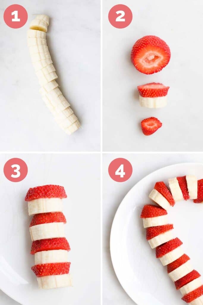 Collage of 4 Images Showing How to Make A Strawberry and Banana Candy Cane. 
