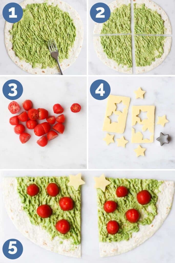 Collage of 5 Images Showing How to make Avocado Christmas Tree