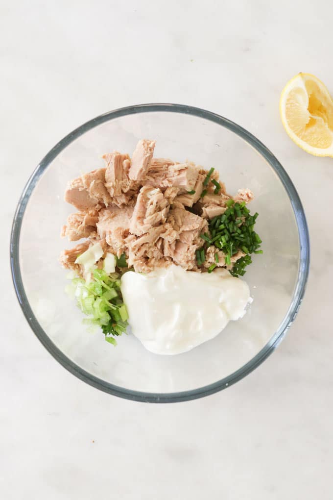 Ingredients for Healthy Tuna Salad in Mixing Bowl