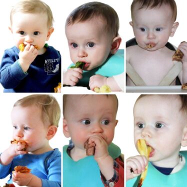 Collage of Six Images Showing Baby Eating Finger Foods