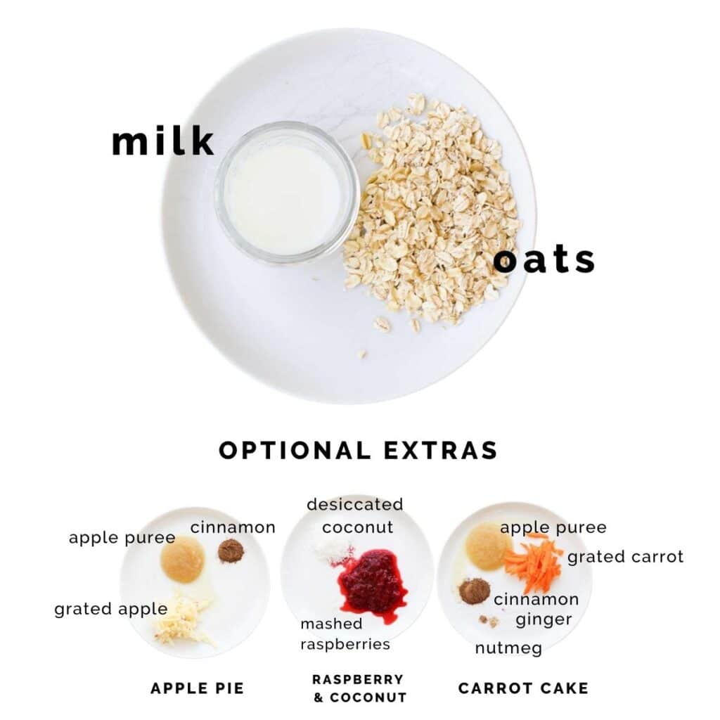 Image Showing Labelled Ingredient to Make Porridge Fingers (Oats and Milk) Below Shows Optional Extra Ingredients to Make Apple Pie, Carrot Cake or Raspberry and Coconut Fingers