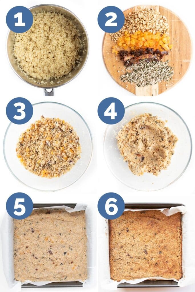 Collage of 6 Images Showing How to Make Quinoa Bars. 1)Cooked Quino 2)Fruit and Nuts Chopped 3) Dry Ingredients Mixed 4) All Ingredients Mixed 5)Mixture in Baking Tray Before Cooking 6) Mixture After Cooking