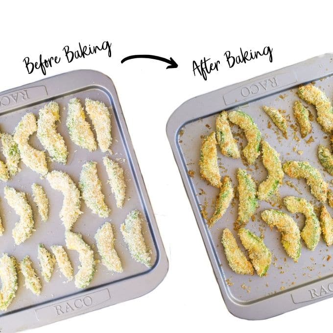 Avocado Fries on Baking Tray Before and After Baking