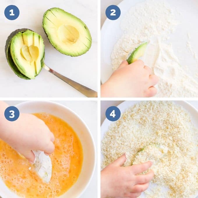 Pic Collage of Avocado Fries Process Steps (1. Slice Avo 2. Coat in Flour 3. Dip in Egg 4. Coat in Breadcrumbs)