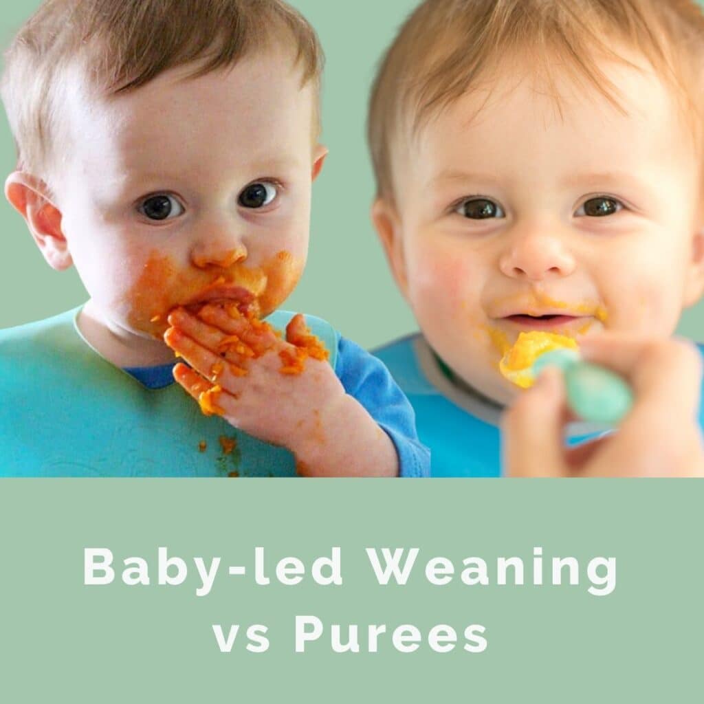 Two Babies Side By Side. One Eating Using His Hands The Other Being Spoon Fed. Text Overlay "Baby-led Weaning vs Purees"