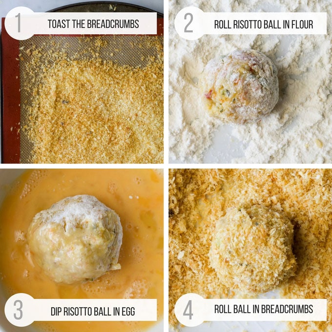 Baked Arancini Preparation. 4 pictures - Toasted Breadcrumbs, Ball coated in Flour, Ball Dipped in Egg & Ball Coated in Breadcrumbs