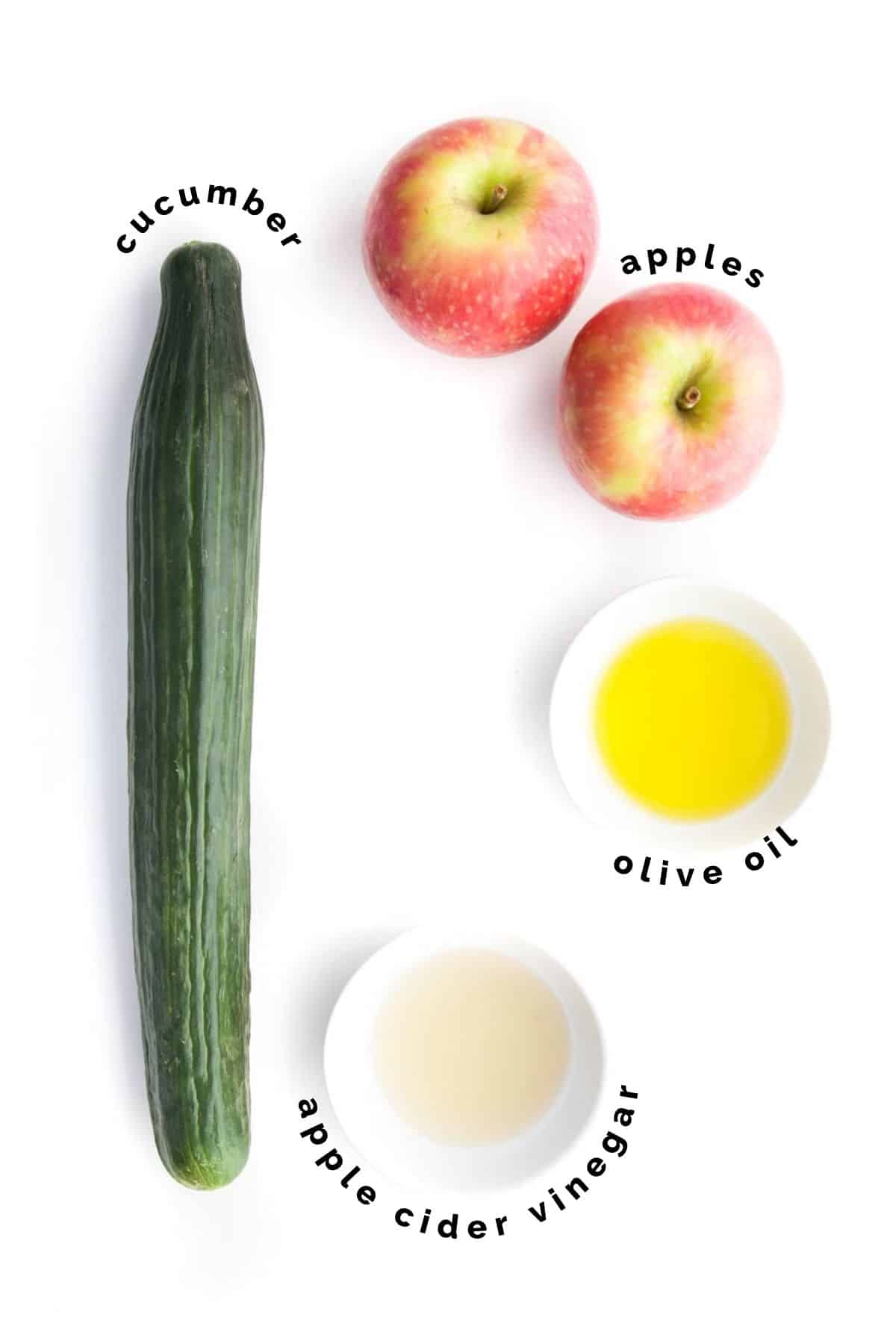 Labelled Ingredients Needed to Make Apple and Cucumber Salad