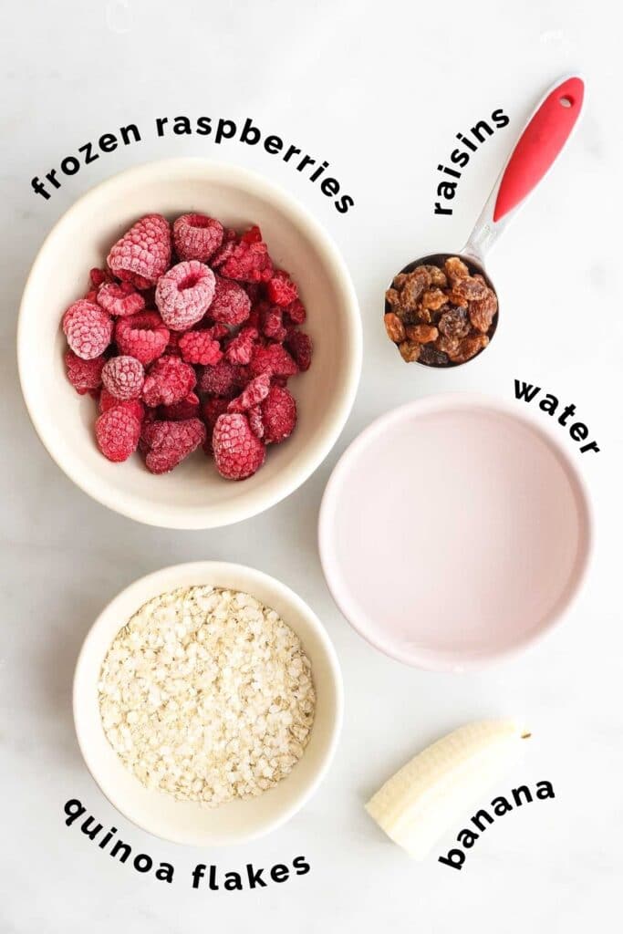 Top Down View of Ingredients for Raspberry Quinoa Porridge