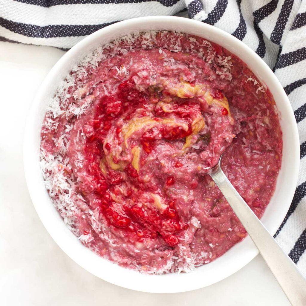 Top Down Bowl of Raspberry Quinoa Porridge in Bowl