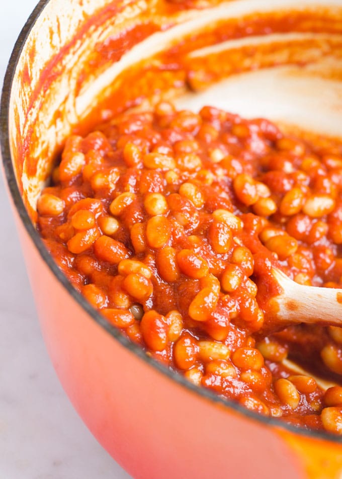 Close Up View of Homemade Baked Beans in Pan