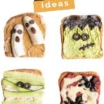 Pinterest Pin for Halloween Toast. Four Toast Images (Banana Ghost Toast, Avocado Frankenstein Toast, Hummus Mummy Toast, Spider Pizza Toast) Text Overlay "Halloween Toast Ideas