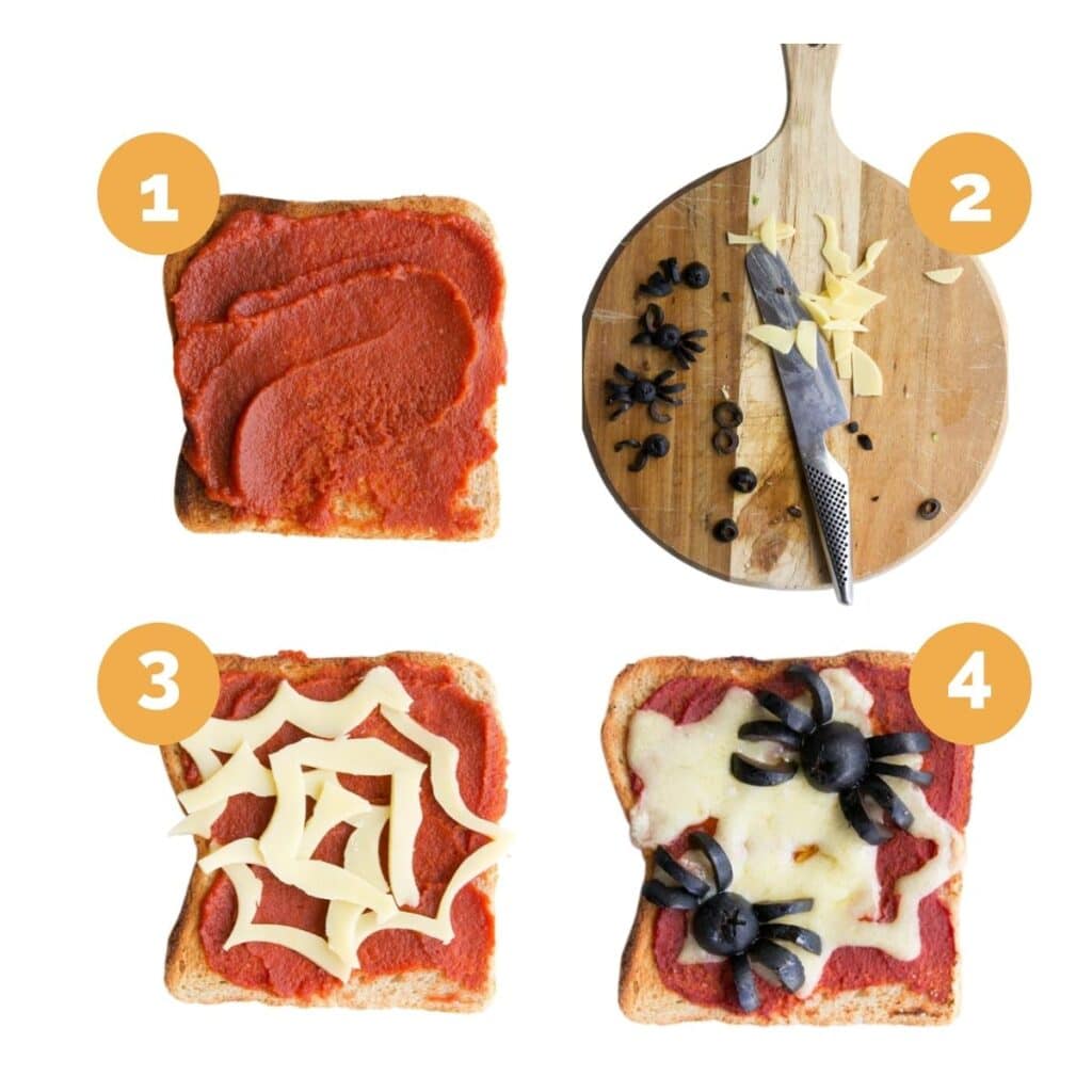 Collage of 4 Images Showing the Different Steps Needed To make Spider Toast