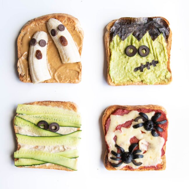 Four Fun Halloween Toasts 1) Banana Ghosts 2)Avocado Frankenstein 3)Hummus Mummy 4) Olive Spider Toast