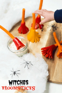 These Witches broomsticks are a perfect healthy halloween snack. Made from carrot and peppers.